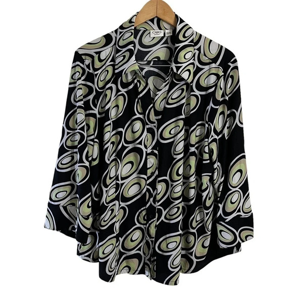 Cato Retro Pattern Button Up Blouse 22W 24W Black Tan Lime Green Circles Collar - Picture 1 of 9